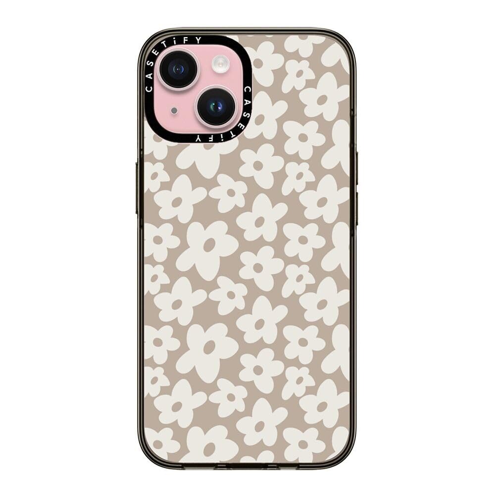 Casetify Compact Case For Iphone 15 [2X Military Grade Drop Tested / 4Ft Drop Protection]   Natural Flower   Clear Black