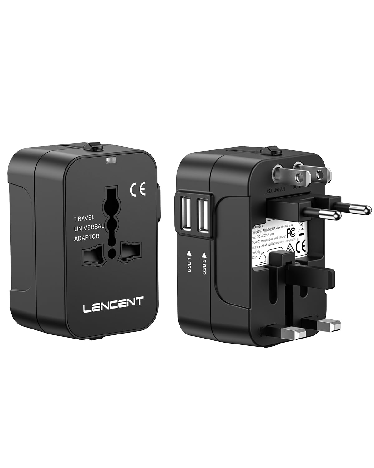 Lencent International Travel Adapter, Worldwide All In One Universal Power Wall Charger Ac Power Plug Adapter With 2 Usb Chargin