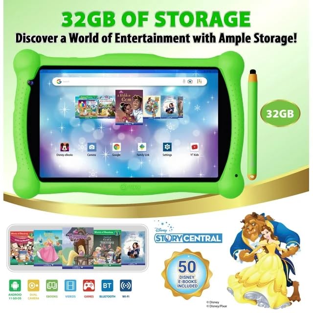 Contixo 7 Inch Disney Kids Learning Tablet, Wifi, Bluetooth, Kids Wired Headphone, Stylus And Tablet Bag Bundle With 15 Teacher Approved Apps And Parent Control   Green Set