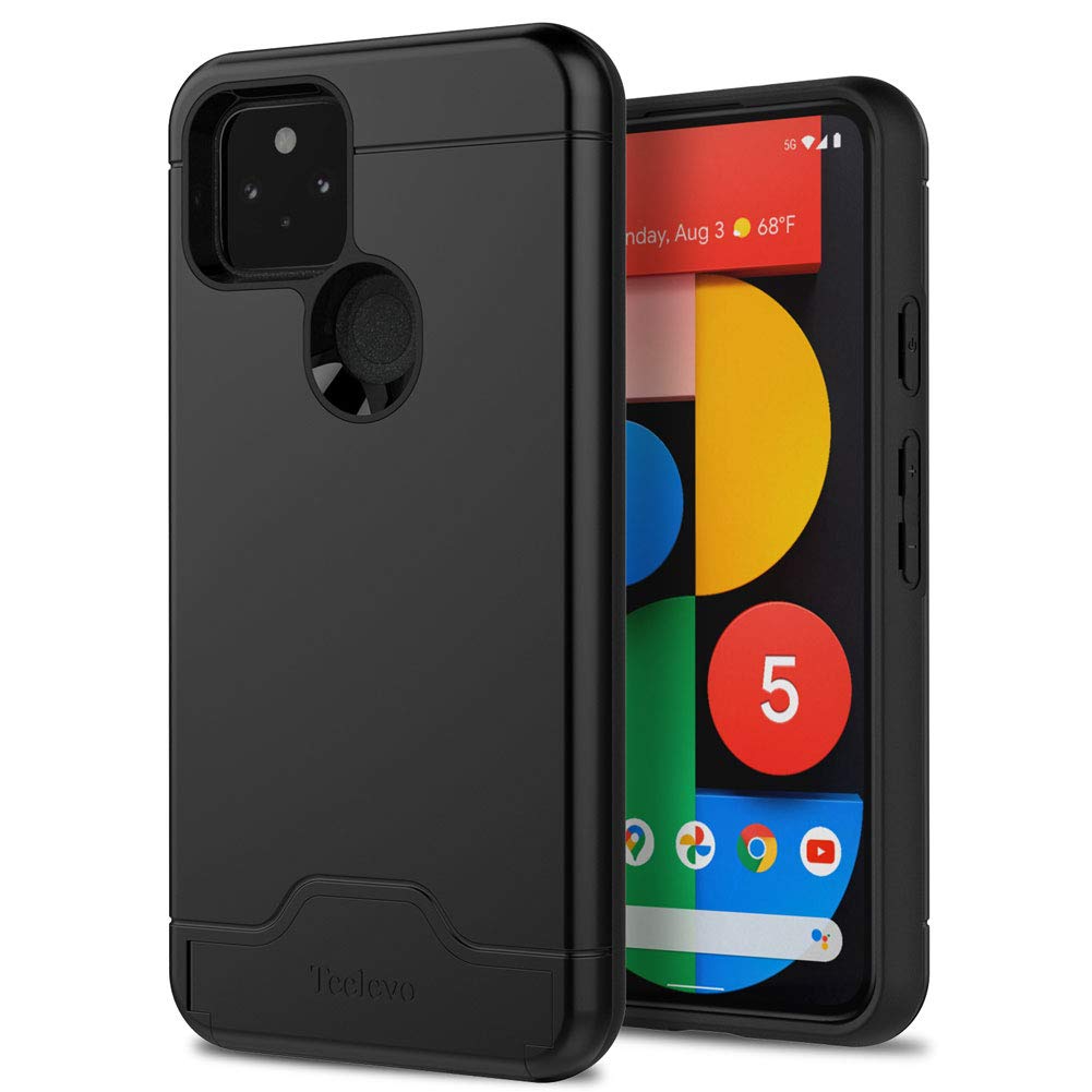 Teelevo Wallet Case For Google Pixel 5, Dual Layer Case With Card Slot Holder And Kickstand For Google Pixel 5   Black