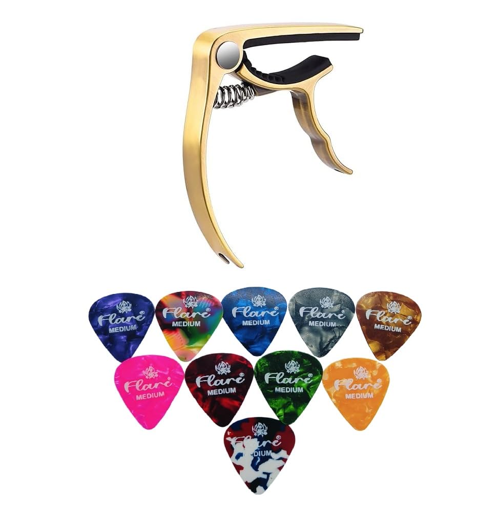 Flare 2 In 1 Capo Guitar Capo With Pin Remover For Acoustic & Electric Guitar, Zinc Alloy And 0.46Mm Guitar Picks (Pack Of 10)