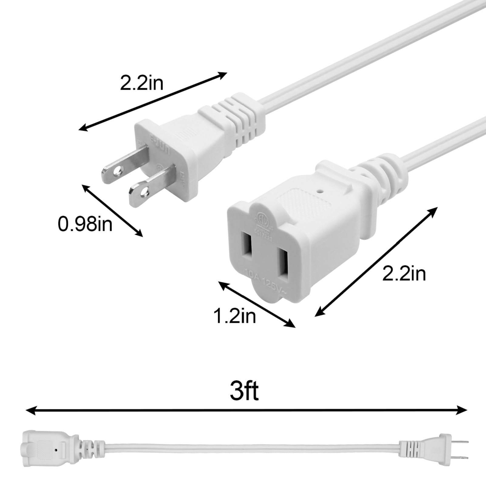 2 Prong Extension Cord 3Ft, 2 Prong Male Female Power Cable For Nema 1 15P To Nema 1 15R Cable Polarity,White