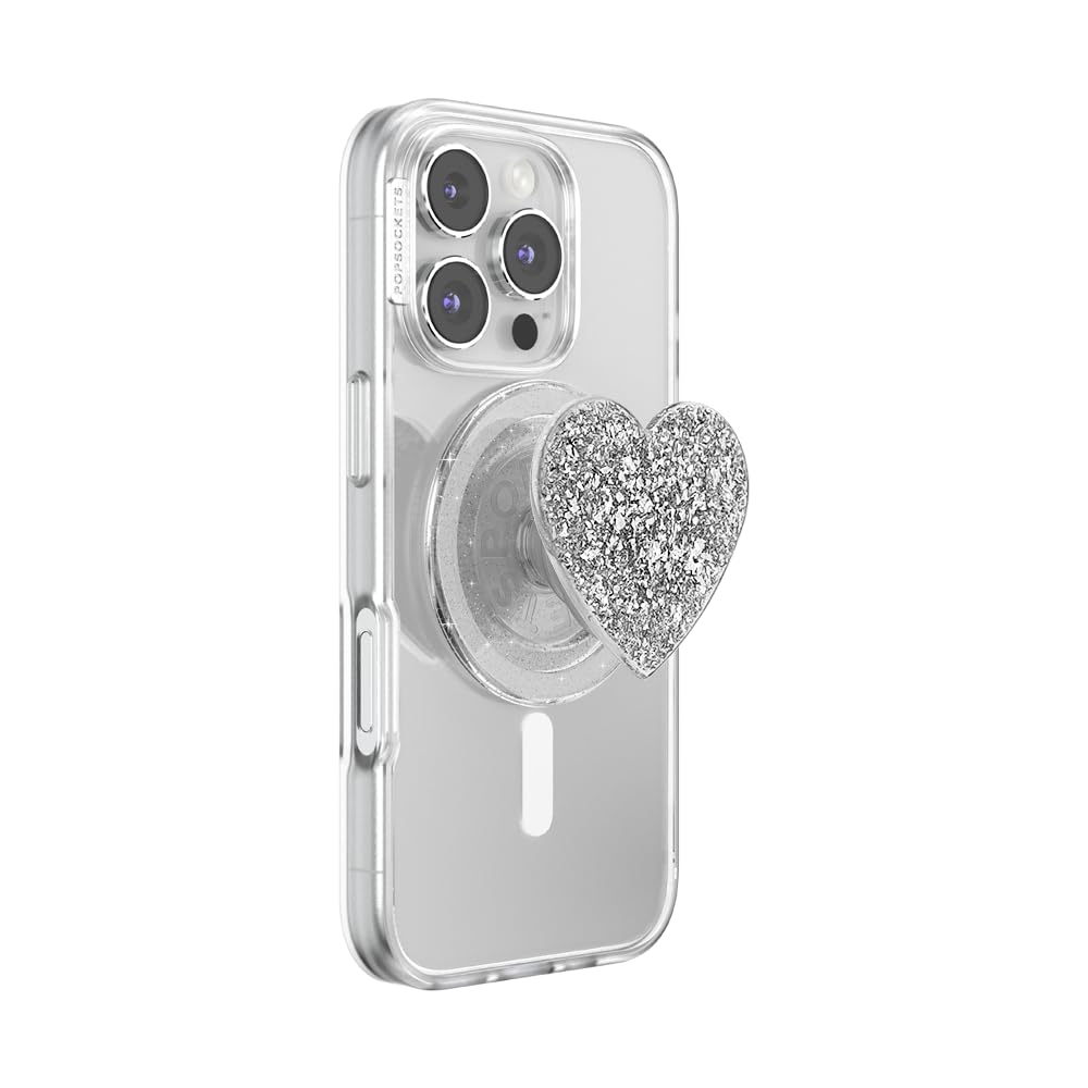 PopSockets Phone Grip for MagSafe, Magnetic Holder, Phone Stand, Silver - Confetti Heart Silver Sizzle