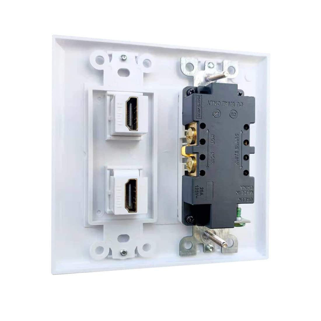 Bupldet 2 Gang Power Outlet With 2 Port Hdmi Wall Plate   20Amp Electrical Wall Outlet And 4K Hdmi Keystone Jack Cover Plate For