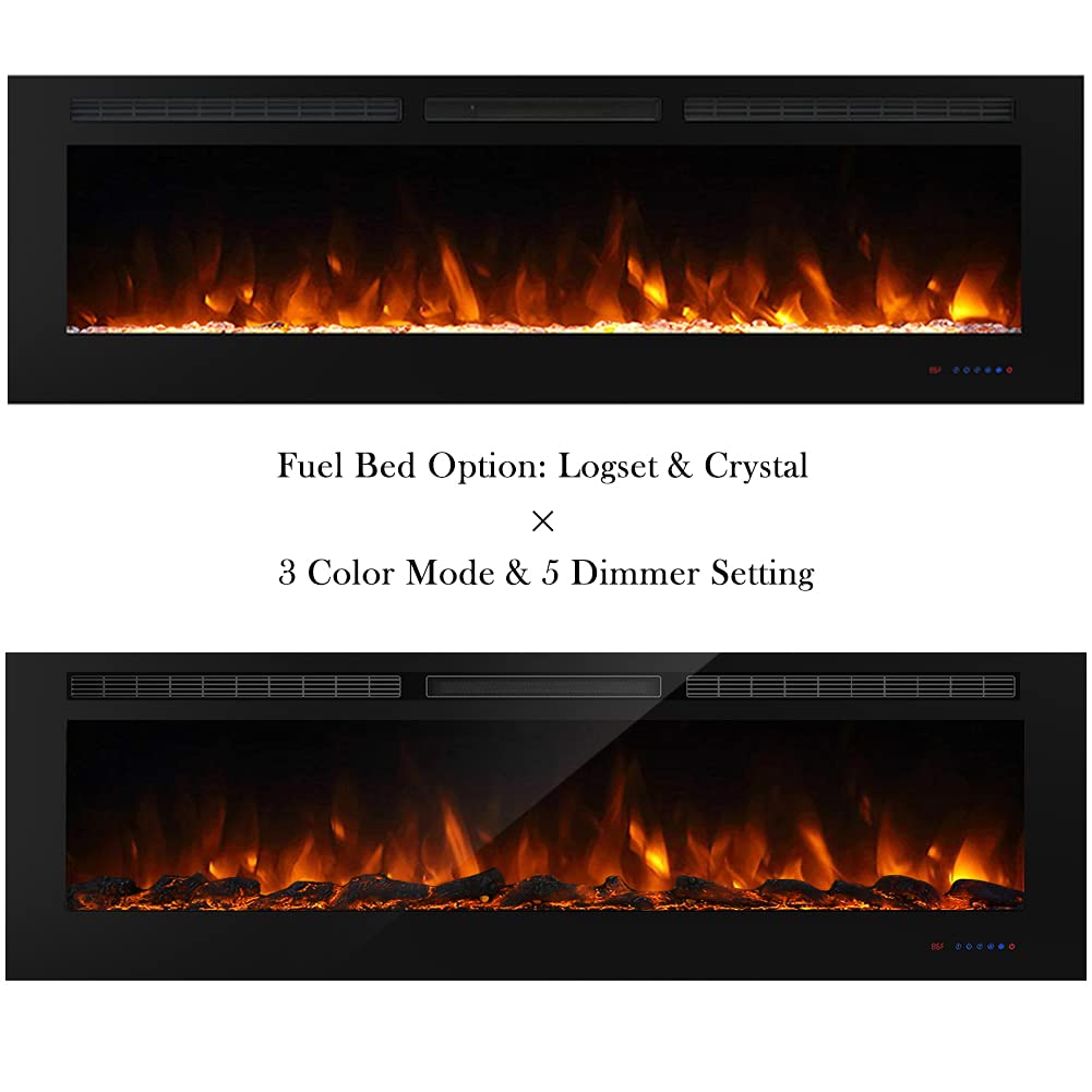 Masarflame 72'' Recessed Electric Fireplace Insert, 5 Flame Settings, Log Set Or Crystal Options, Temperature Control By Touch P