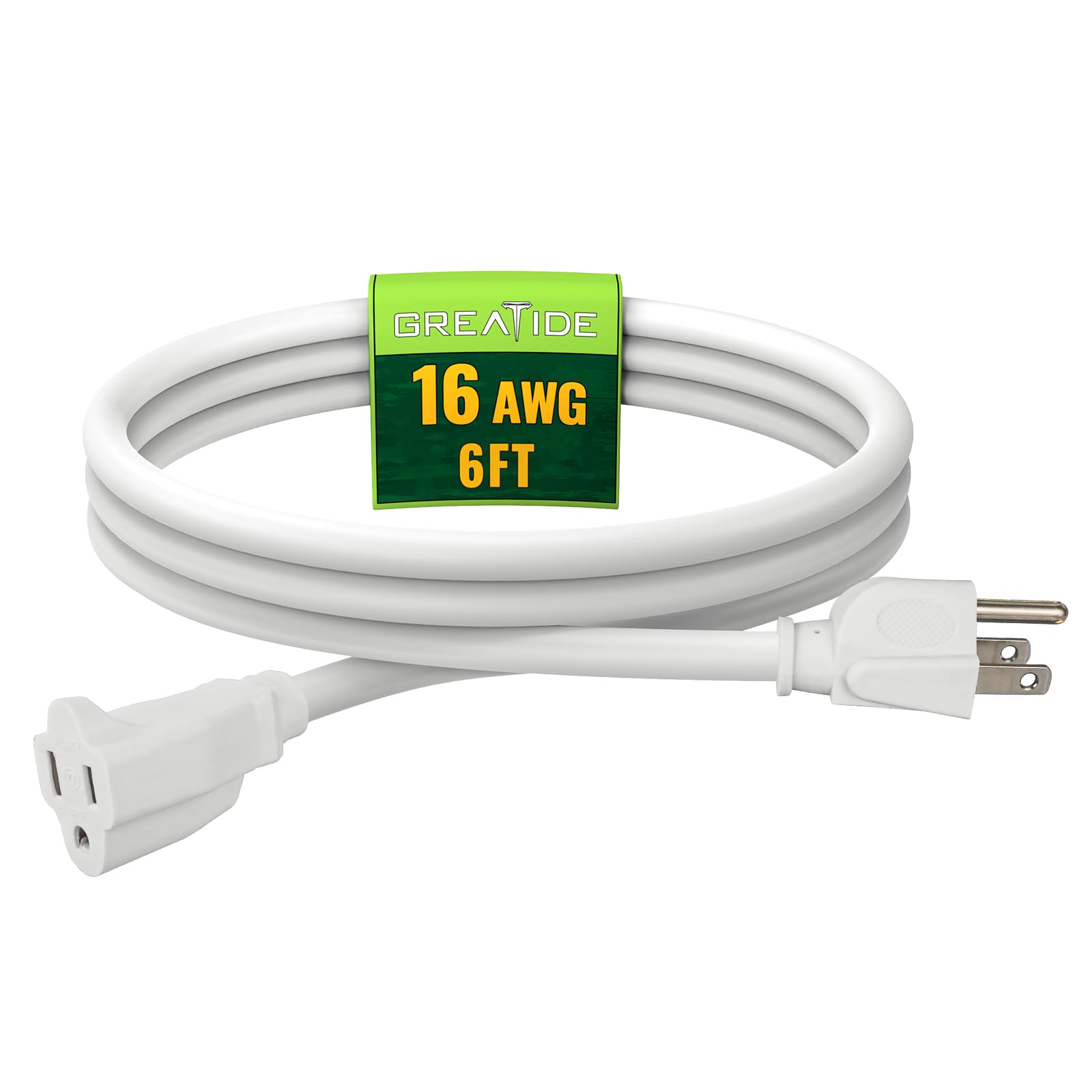 Greatide Indoor Outdoor Extension Cord 6 Ft, 16/3 Sjtw Weatherproof White Electrical Cords, 13 Amp Heavy Duty 3 Prong Power Cabl