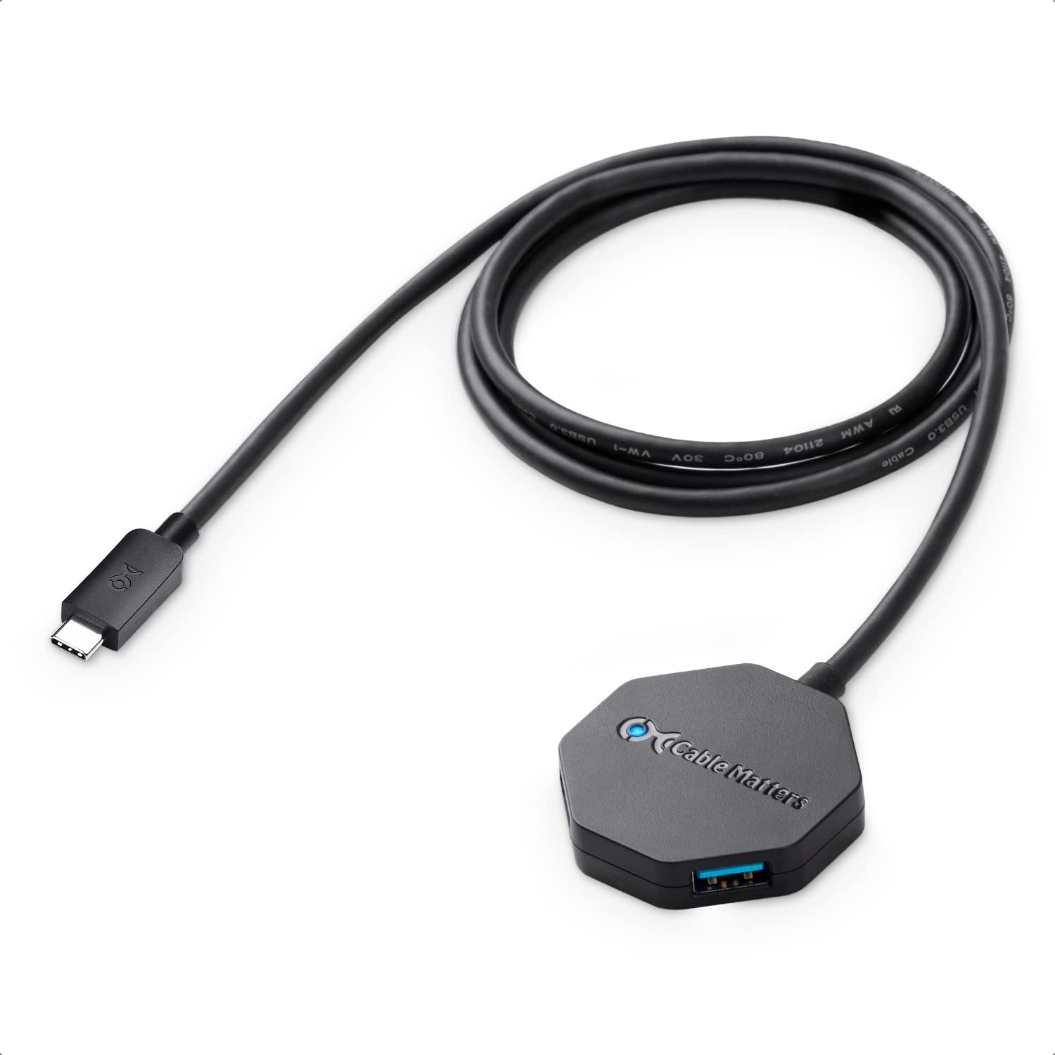 Cable Matters Ultra Mini 4 Port USB C Hub with Long 4 ft Extension Cable Tail (USB C to USB Hub, USB C Hub Long Cord, USB Type C Hub) in Black   Thunderbolt 4 / USB4 / Thunderbolt 3 Port Compatible