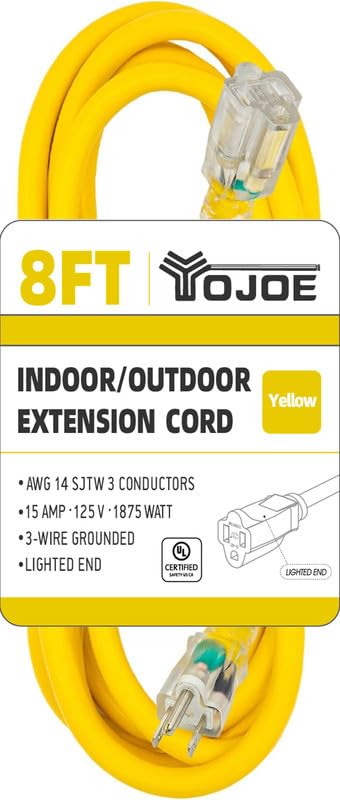 Yojoe Indoor Outdoor Extension Cord With Lighted End, 3 Prong 15A Weatherproof Power Extension Cord, 14 Gauge Heavy Duty 8 Ft Ye