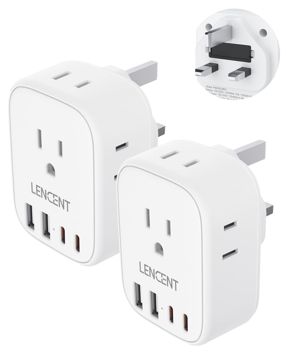 2 Pack Us To Uk Ireland Travel Plug Adapter, Lencent Grounded Type G Outlet Adaptor With 4 Usb Charger(2 Usb C), 4 Outlets Conve