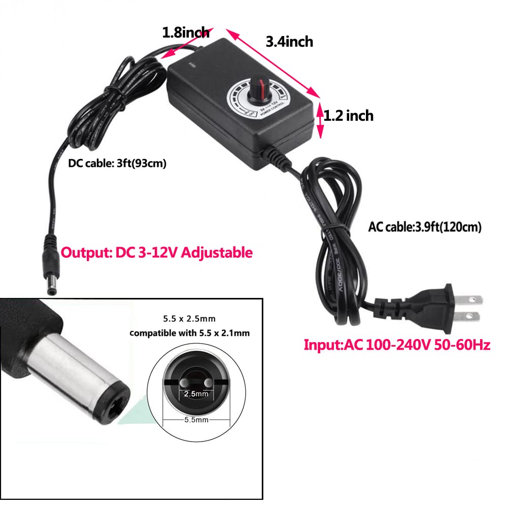 Delinx 36W 12V Pc Fan Power Supply,4 Cooling Fan Speed Controller,100-240Vac To 3-12Vdc Adjustable 3A Power Adapter,With Fan Spl