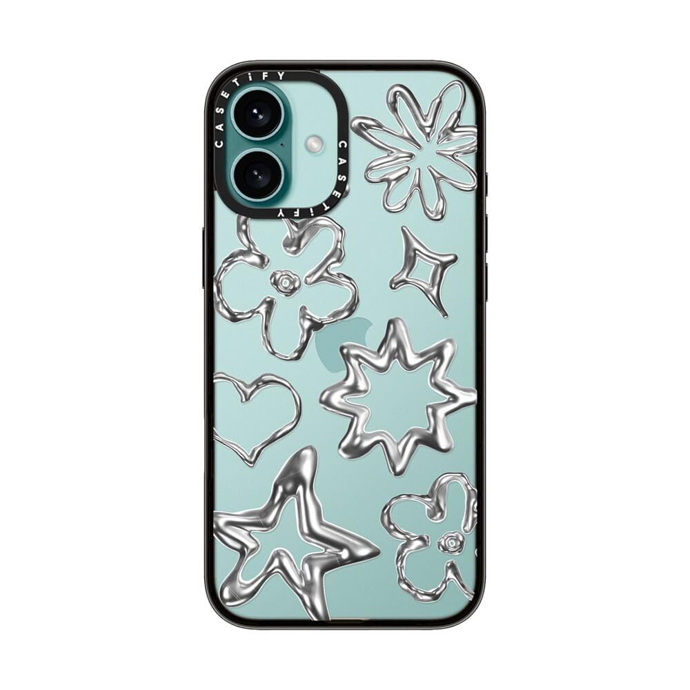 Casetify Compact Case For Iphone 16 Plus [Lightweight / 4 Ft. 2X Military Grade Drop Protection/Slim]   Chrome Doodles   Clear B