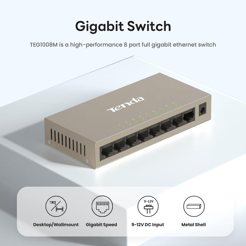 Tenda Teg1008M, 8 Port Gigabit Switch, Unmanaged Ethernet Switch With Traffic Optimization, Plug & Play, Fanless & Metal Design