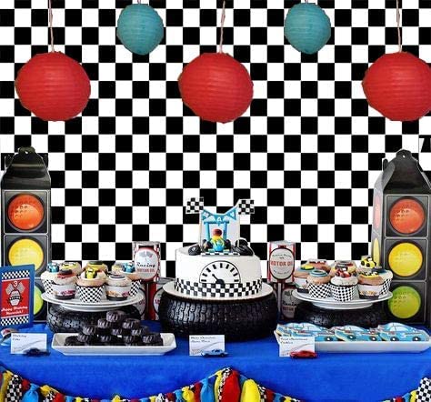 Cosplay Party Banner Checkered Flag Photography Backdrop Vinyl 7X5Ft Photo Background White And Black Racing Checker Texture Gri