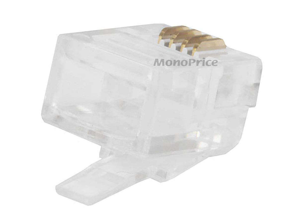 Monoprice 6P4C Rj11 Modular Plugs For Round Solid Cable   Crimp On, 1U, 3 Prongs, 4 Conductor, Clear, 50 Pack