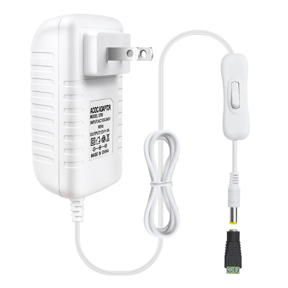 12V Power Supply, 12 Volt 3A 36W Dc Power Supply With On Off Switch, White Switching Led Power Adapter, Ac 110V To 12V Wall Wart