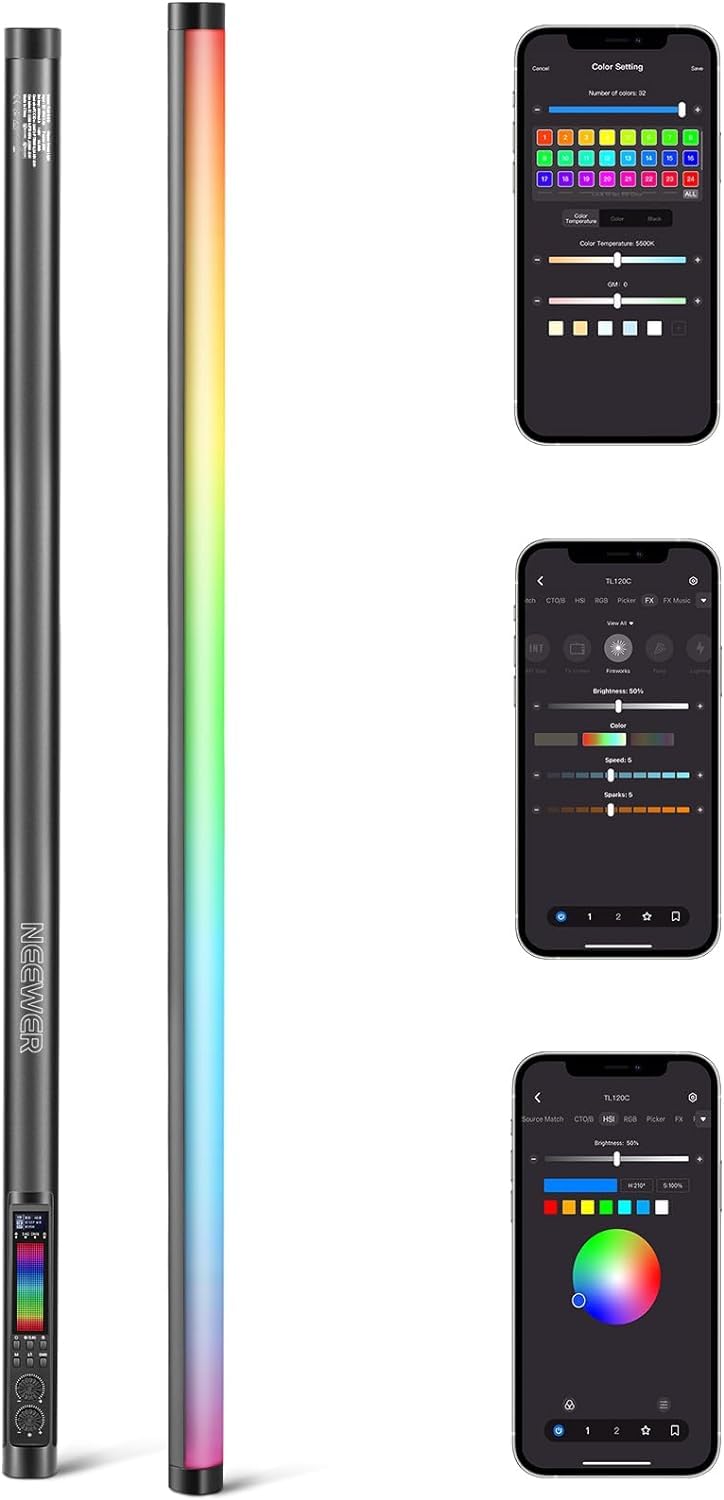 Neewer Tl120C Rgb Tube Light, 42W Full Color Rgbww Photography Led Video Light Wand Stick With App/2.4G/Dmx Control, 7 Pixel Eff