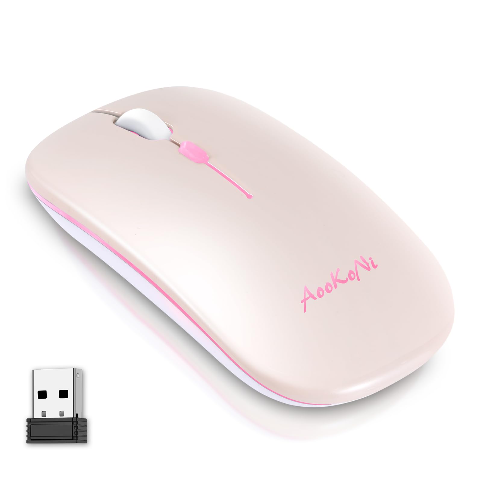 AooKoNi Wireless Bluetooth Mouse, Rechargeable USB Optical Mouse, LED Slim Dual Mode(Bluetooth 5.2 and 2.4G) Wireless Mouse for 