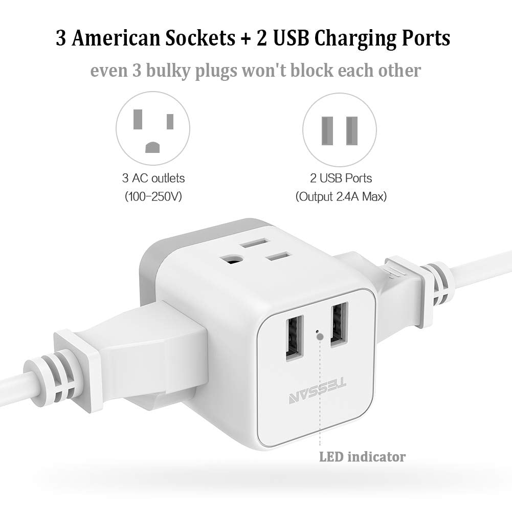 Tessan New Zealand Australia Power Adapter Plug, Us To Australia Plug Adapter With 3 Us Outlets And 2 Usb Charging Ports, Type I