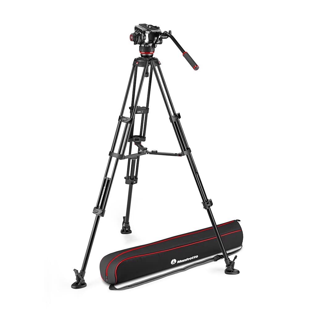 Manfrotto 504X Fluid Video Head with Twin Tripod, Kit with Aluminium Tripod and Video Head, Twin Leg with Middle Spreader, for D