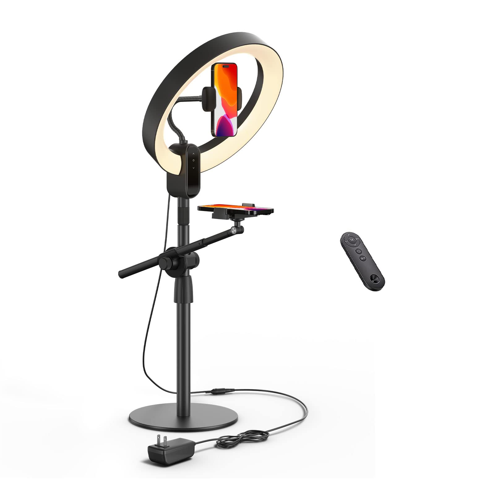 Supedesk 12'' Ring Light With Stand And Phone Holder,Overhead Phone Stand,2 Phone Holders,2700 6500K,3 Color Modes,10 Brightness