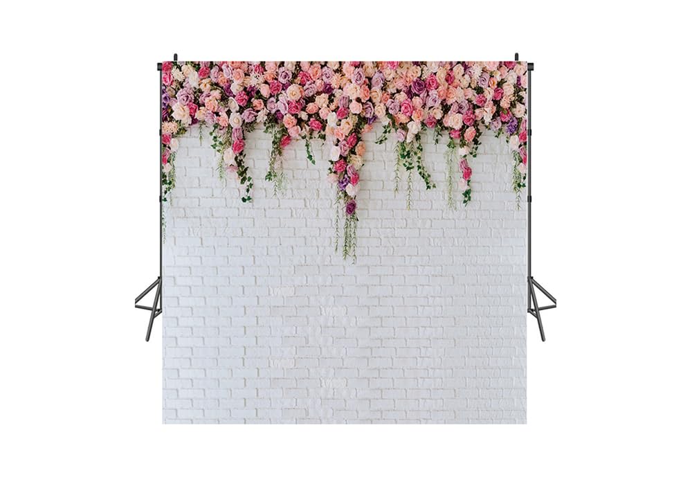 Ltlyh 10X10Ft White Brick Wall Flowers Background Spring Theme Photography Backdrop For Mother'S Day Valentine Wedding Bridal Ba
