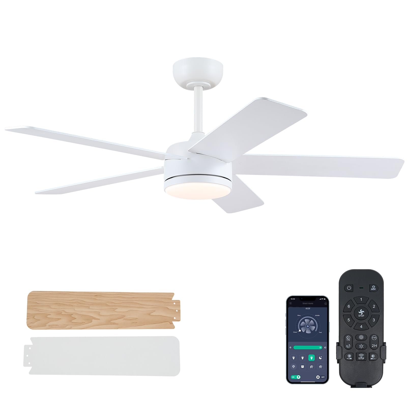 Chesur White Ceiling Fans With Lights   46'' Low Profile Ceiling Fan Lights With 5 Blades, Modern Ceiling Fan With Lights And Re