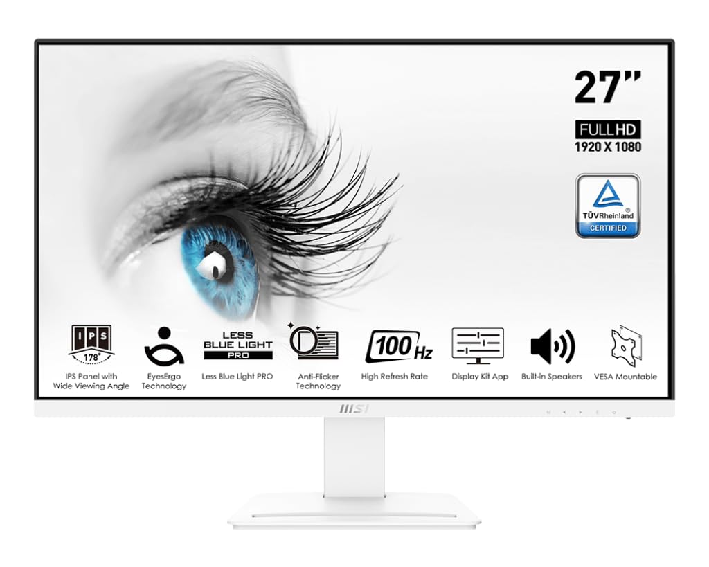 MSI Pro MP273AW, 27 Monitor, 1920 x 1080 (FHD), IPS, 100Hz, TUV Certified Eyesight Protection, 4ms, Displayport, HDMI, Tilt, Whi