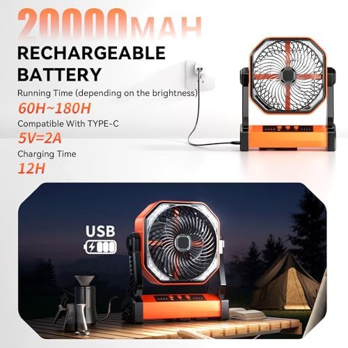 Camping Led Fan With Light,20000Mah Rechargeable Battery Powered Outdoor Tent Fan With Light And Hook, 4 Speed, Personal Usb Des
