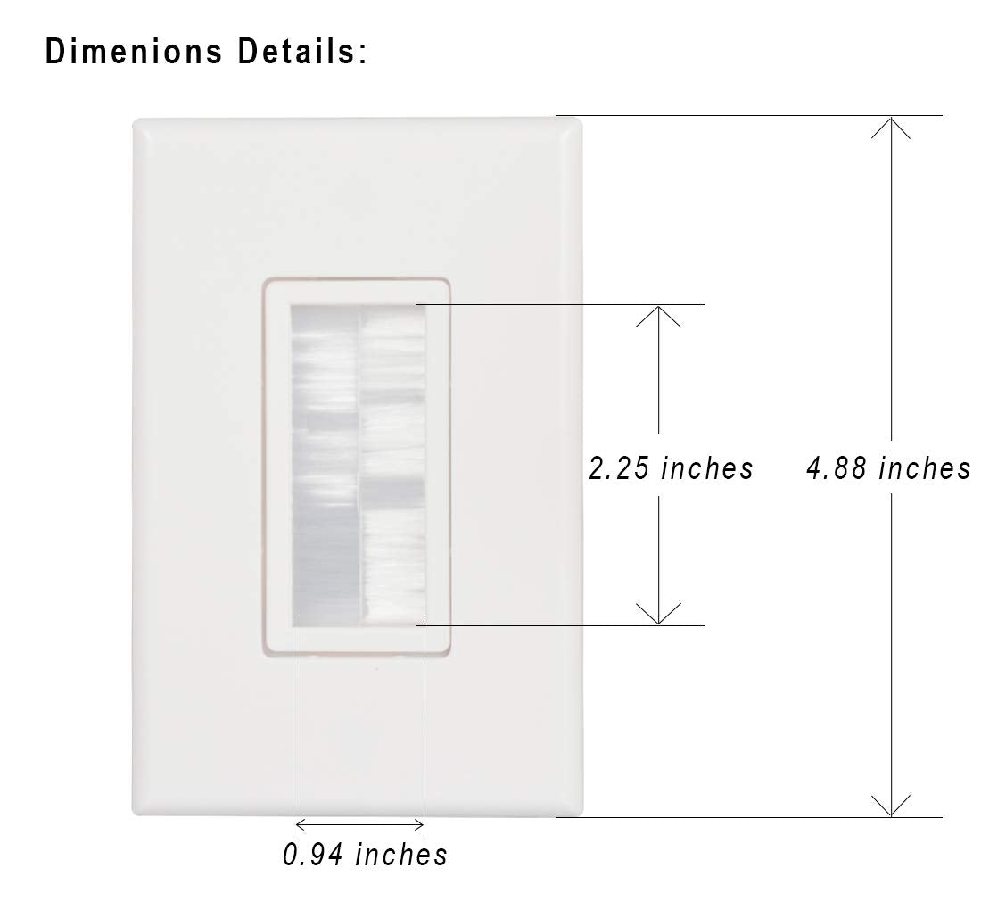 Kebulldola Brush Wall Plate White (2 Pack), 1 Gang Cable Wall Plate, Screwless Type For Cable And Wires Pass Through