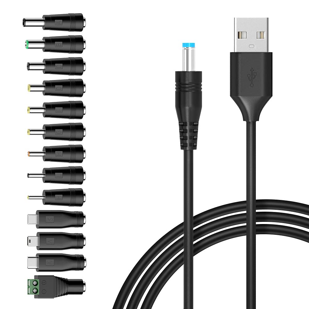 Belker Universal 5V Dc 5.5 2.1Mm Jack Charging Cable Power Cord, Usb To Dc Power Cable With 14 Interchangeable Plugs Connectors