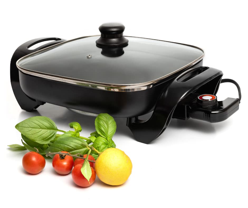 Moss & Stone Square Nonstick Electric Skillet With Lid, Aluminum 12 Inch Electric Frying Pan, 2 Layers Of Non-Stick Coating, Adj