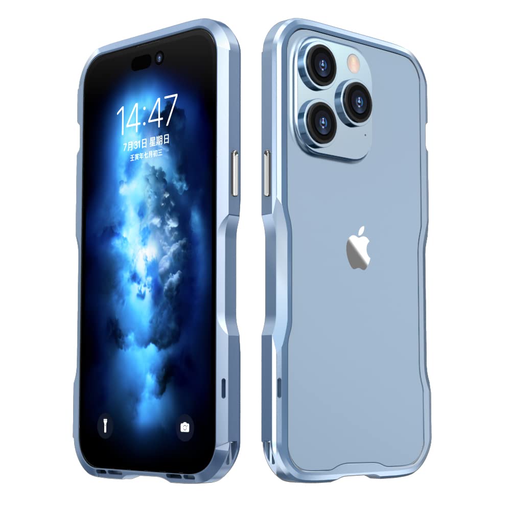 Henghui Iphone 14 Pro Aluminum Bumpers Bumper Case Metal Frame Bumper Cover Shock Absorbent Slim Cool Design (Lightblue)