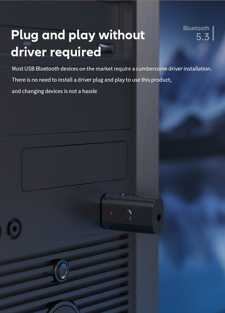 Bluetooth 5.3 Transmitter Receiver, 3.5Mm Aux Wireless Usb Adapter, Low Latency, Built In Mic, Music Streaming, Handsfree Calls,