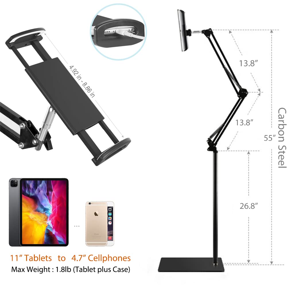 Tablet Floor Stand, Overhead Bed Phone Stand Angle Height Adjustable Holder, Universal Floor Stand Compatible With Iphone Ipad P