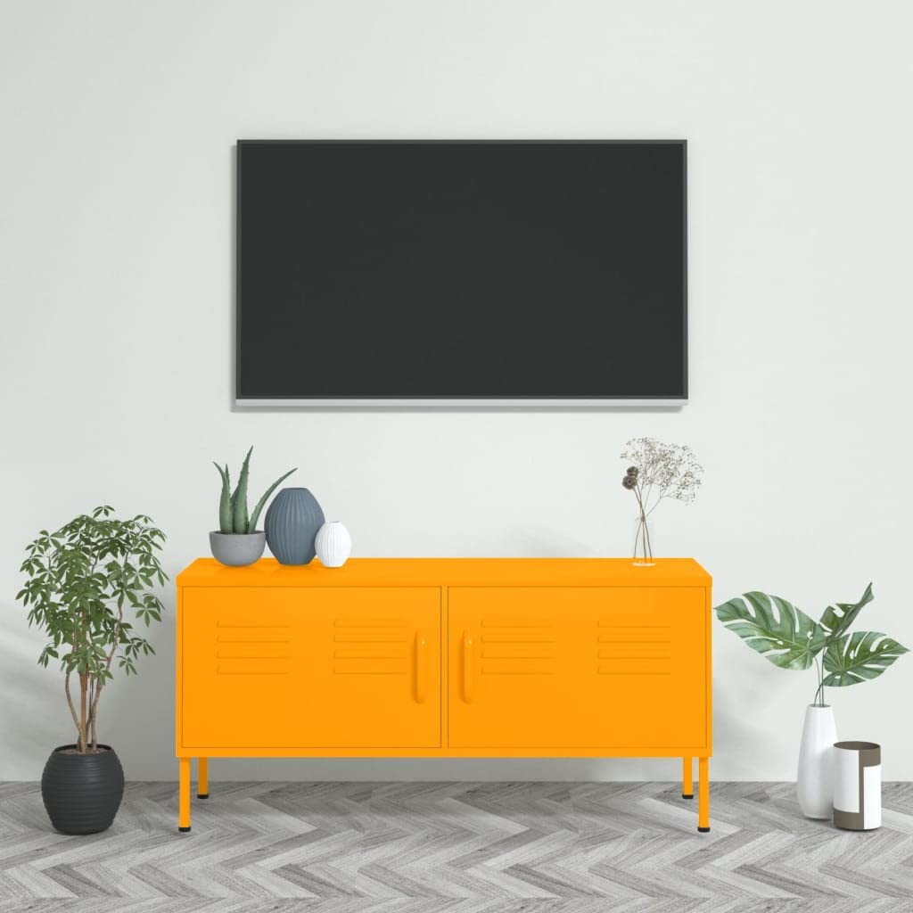 Vidaxl Steel Tv Stand With Adjustable Shelves And Cable Management, Mustard Yellow - Ideal For Living Room Or Lounge Area.