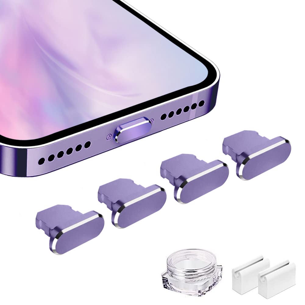Viwieu Anti Dust Plug Metal Covers Compatible With Iphone 14 13 12 11 X Xs Xr 8 7 Se Mini Plus Pro Max Ipad Airpods 4 Pack, Lightning Charging Port Charm Dust Protector With Plug Holder (Deep Purple)