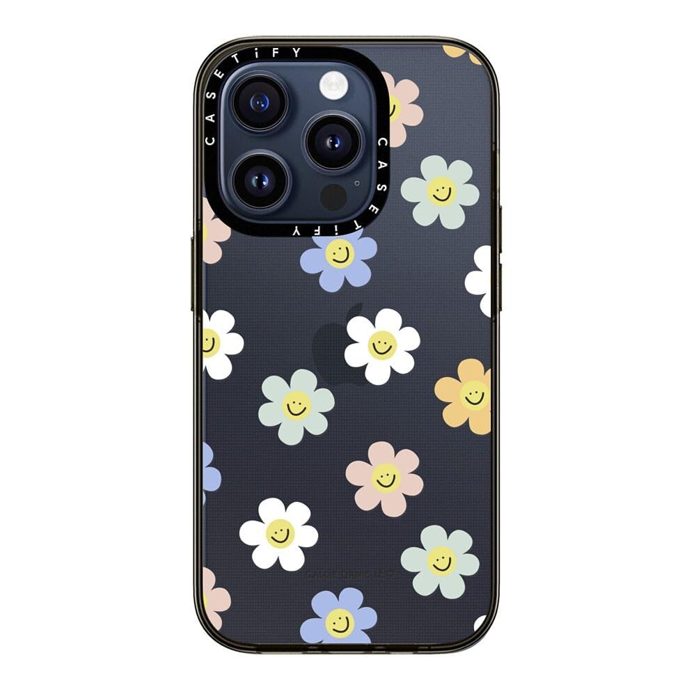 Casetify Compact Case For Iphone 15 Pro [2X Military Grade Drop Tested / 4Ft Drop Protection]   Happy Daisies   Clear Black