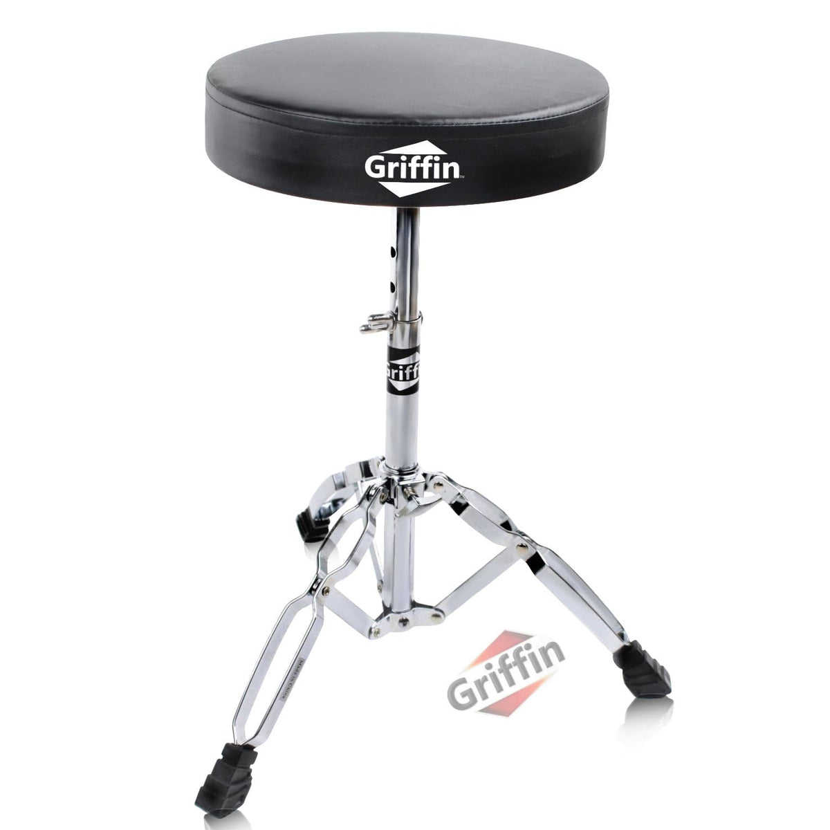 Drum Throne Stand by GRIFFIN | Padded Drummer’s Seat | Comfortable Drum Set Percussion Chair for Adults | Professional Musicians Guitar Stool Double Braced Hardware for Practice with Adjustable Height