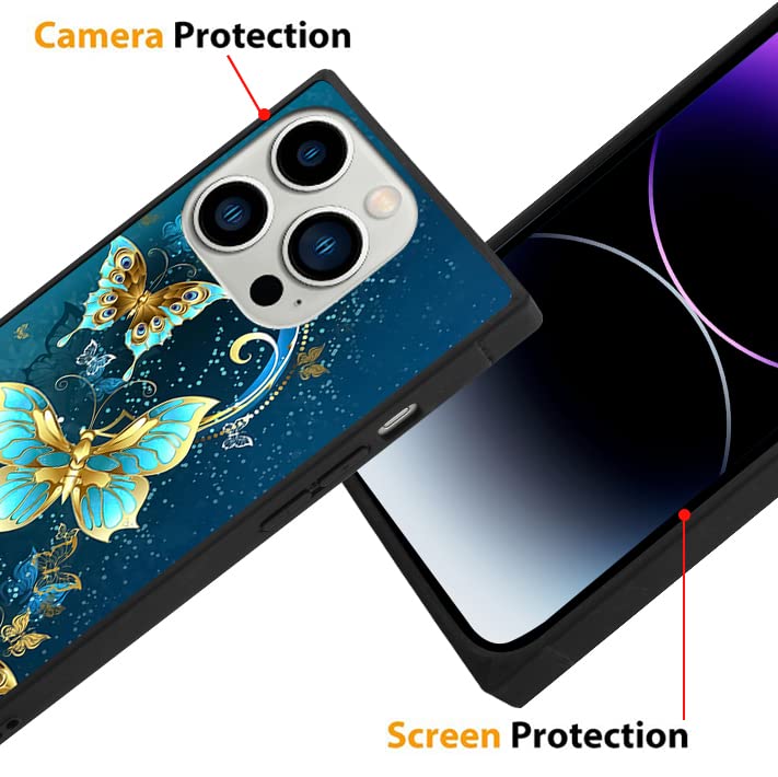 SAKUULO iPhone 14 Pro Max Phone Case Screen Protector Kickstand Blue Butterfly Print TPU Hard PC Slim Shock Absorption