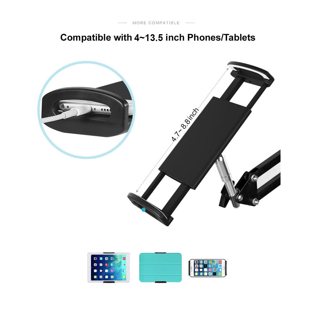 Ohitec Phone/Tablet Floor Stand, Heavy Duty Steel Metal Universal Adjustable Mobile Cell Smartphone Mount Lazy Bracket 360 Degre