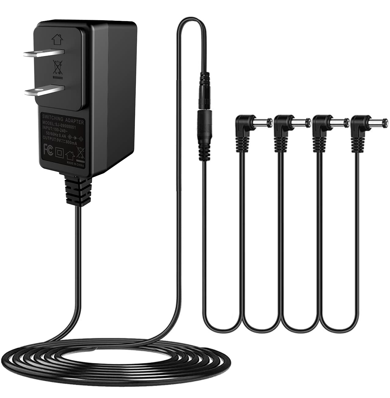 JOYO DC 9V Guitar Pedal Power Supply (800mA -1A) AC Wall Charger Adapter with 4 Way Daisy Chain Pedal Cables (8.8 FT), Compatibl