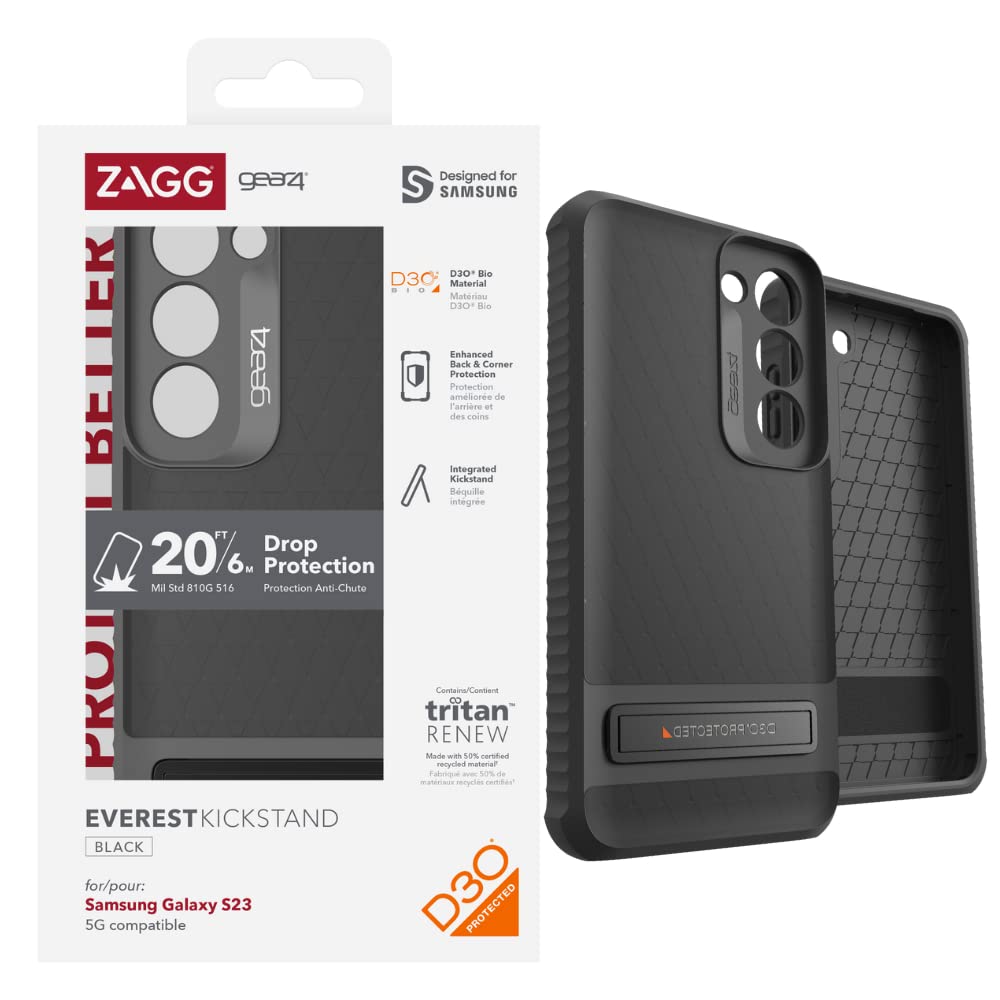 Zagg Gear4 Everest Samsung Galaxy S23 Kickstand Phone Case (Textured), D30 Bio Drop Protection Up To 20Ft / 6M, Works With Wirel