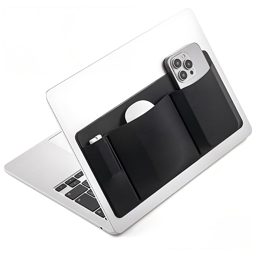 Zorbes 3Pocket Laptop Organizer Adhesive Storage Pouch, Mouse Holder For Laptop Stick On External Hard Drive Sleeve For Macbook