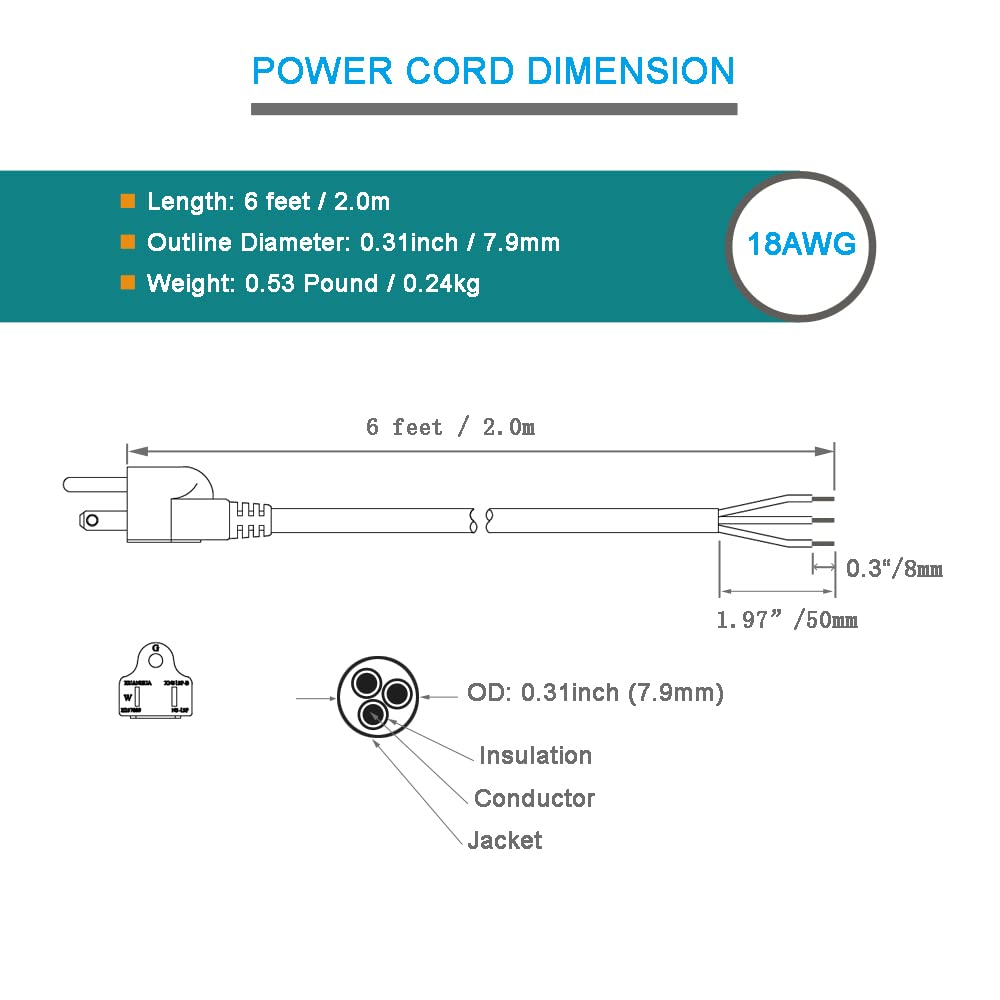 Power Cord Pigtail 3 Prong 18Awg Open Wiring End Heavy Duty Sjt Replacement Power Cord 6 Foot Cable Nema 5 15P Male Wall Plug, P