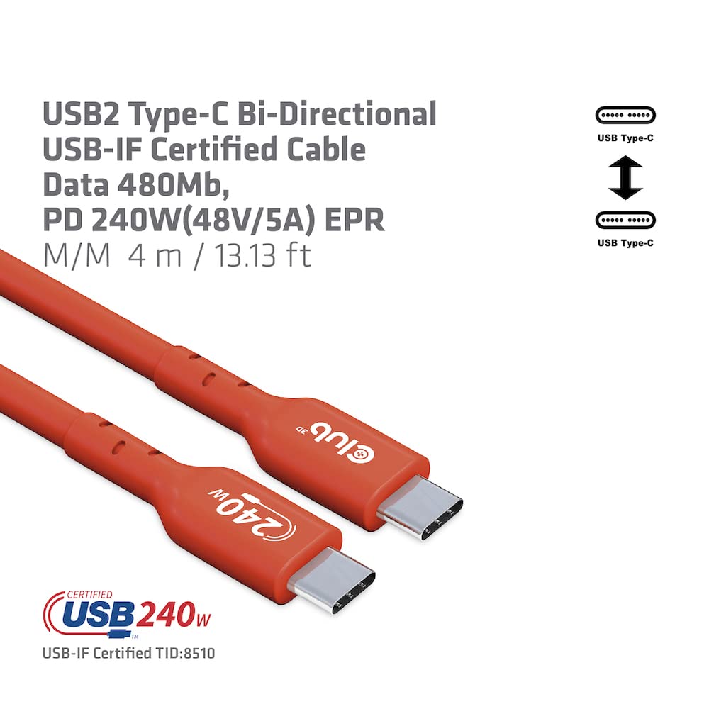 Club 3D Cac-1515 Usb2 Type C To Type C Certified Bi-Directional Cable With 240W Charging, 480Mb Data Transmission Epr 4M -13.13F