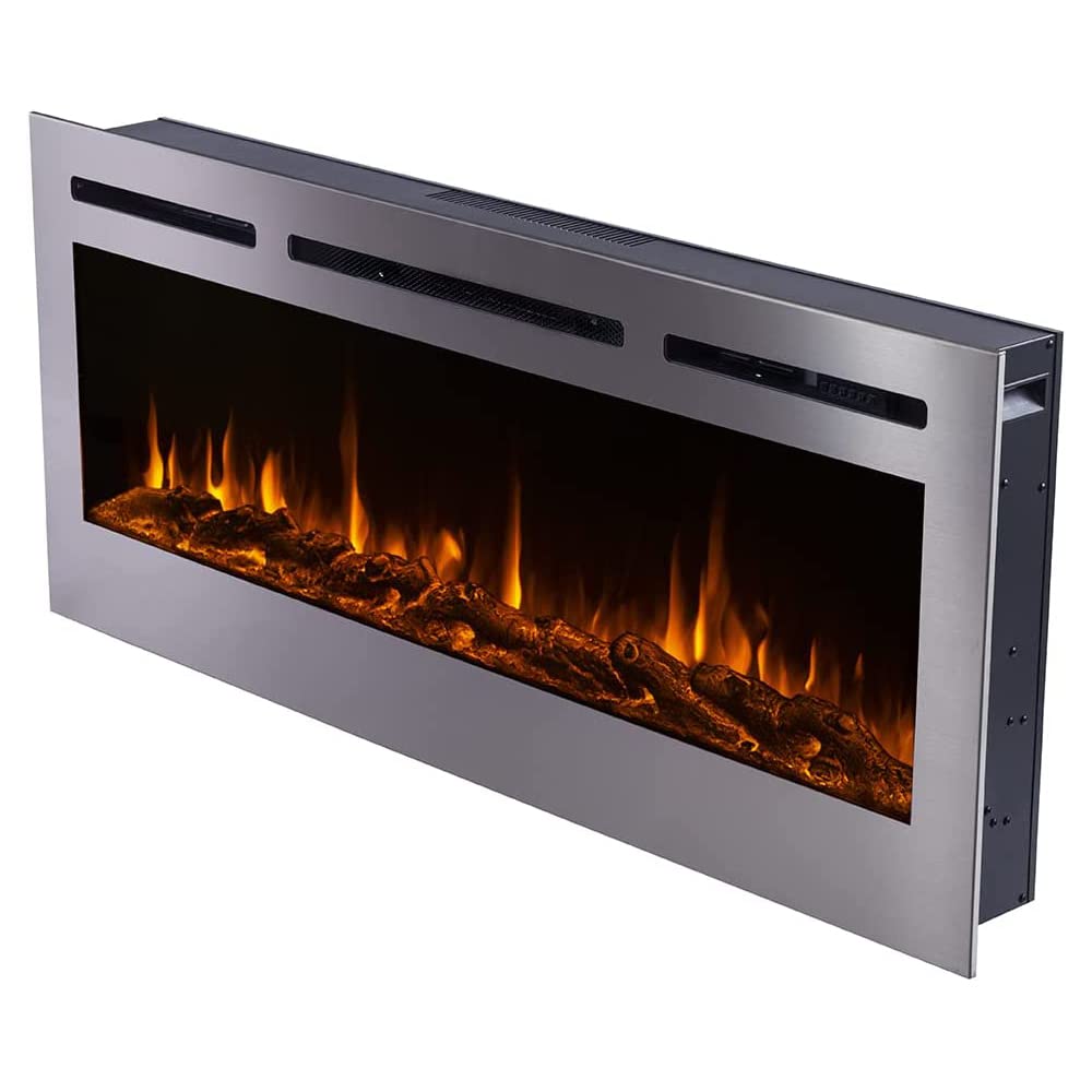 Touchstone Sideline Deluxe   Stainless Steel Electric Fireplace   50 Inch Wide   In Wall Recessed   5 Flame Settings   Multiple