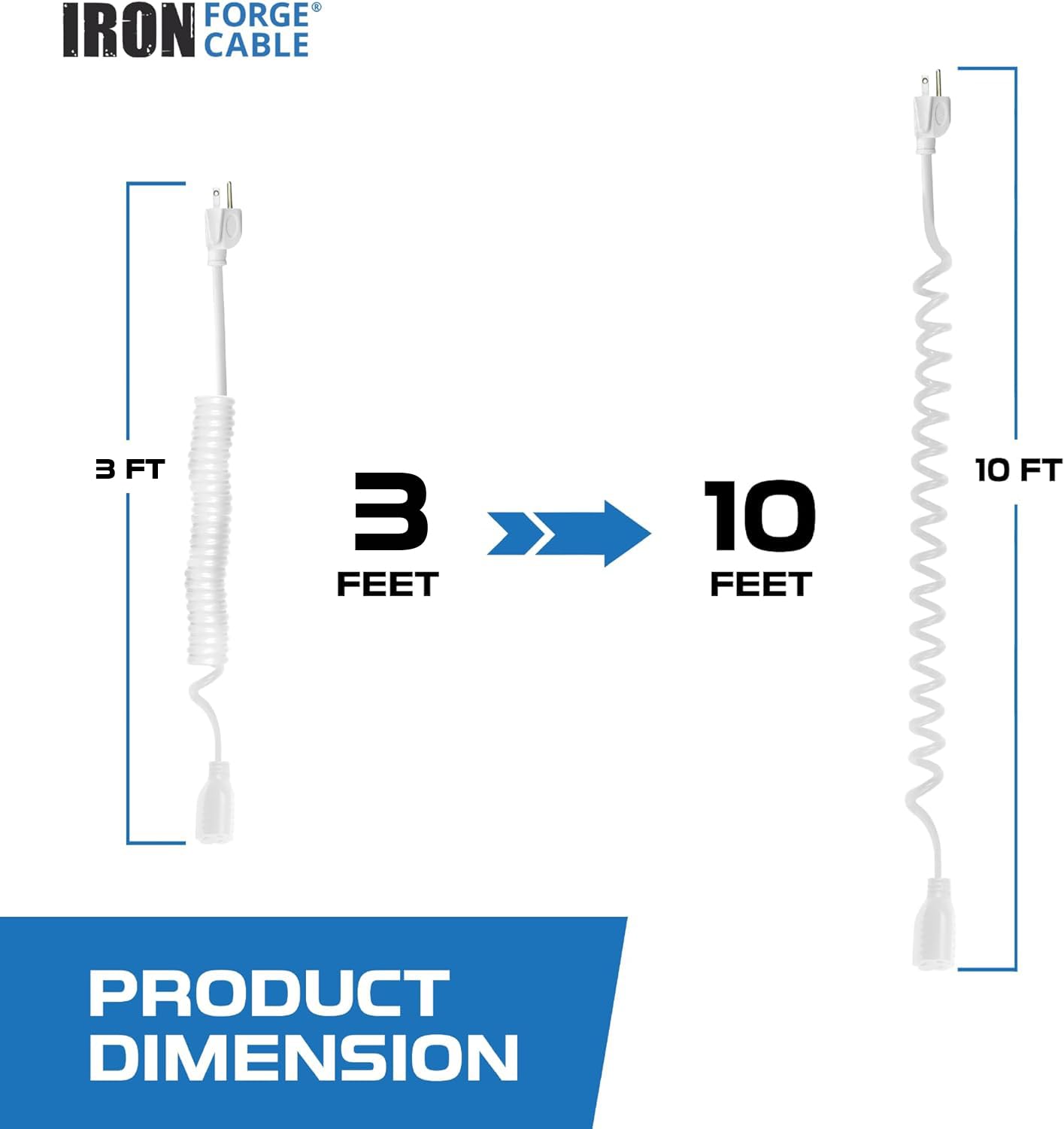 IRON FORGE CABLE 10 ft Coiled Extension Cord, White, 13 Amp, Oil Resistant & Flame Retardant for Indoor & Outdoor Use