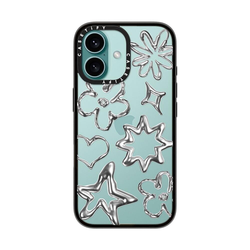 Casetify Compact Case For Iphone 16 [Lightweight / 4 Ft. 2X Military Grade Drop Protection/Slim]   Chrome Doodles   Clear Black