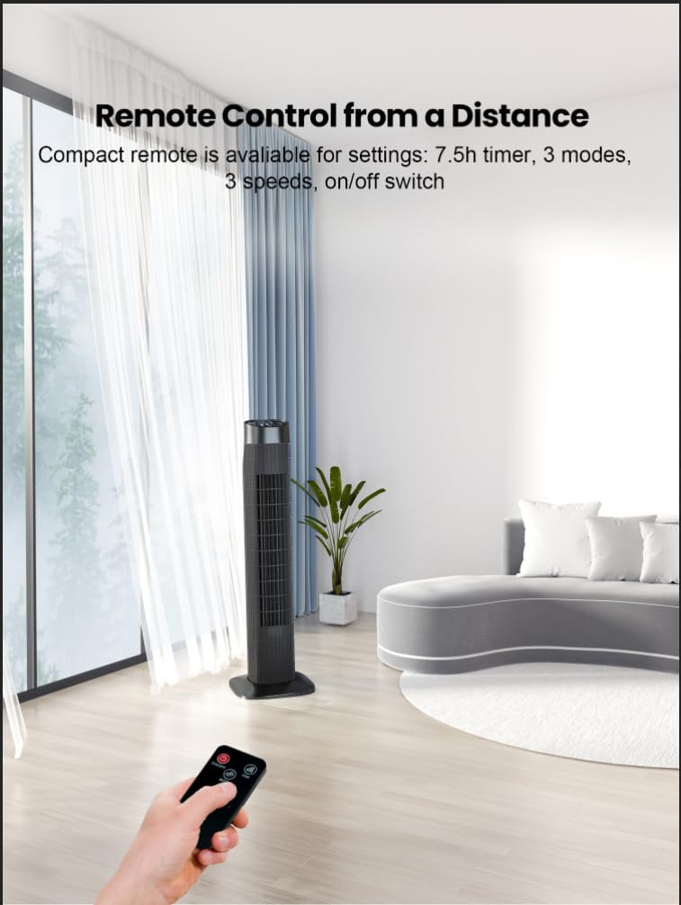 Uthfy Tower Fan For Bedroom,Fans That Blow Cold Air,80 Oscillating Fan With Remote,7.5H Timer,3 Speeds,Standing Fan Bladeless Fa