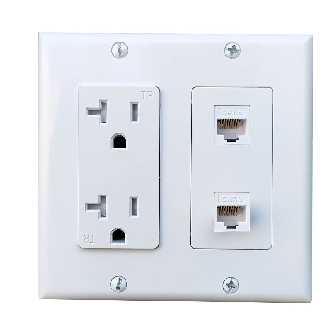 Boplat 20Amp Power Outlet With 2 Cat6 Ethernet Port   Double Gang Ethernet And Electrical Outlet Cover Plate With 2 Cat6 Rj45 Ke